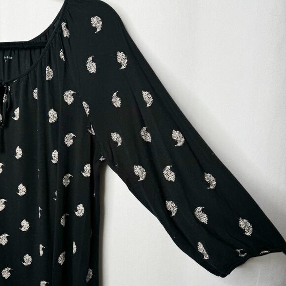 GARNET HILL / black white paisley feather printed 3/4 sleeve blouse top / M - Picture 3 of 7